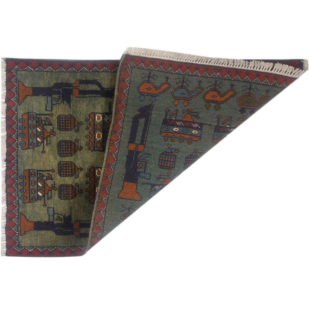 Green Afghan Tribal Rug 1'9" x 2'8" Hand-Knotted detail