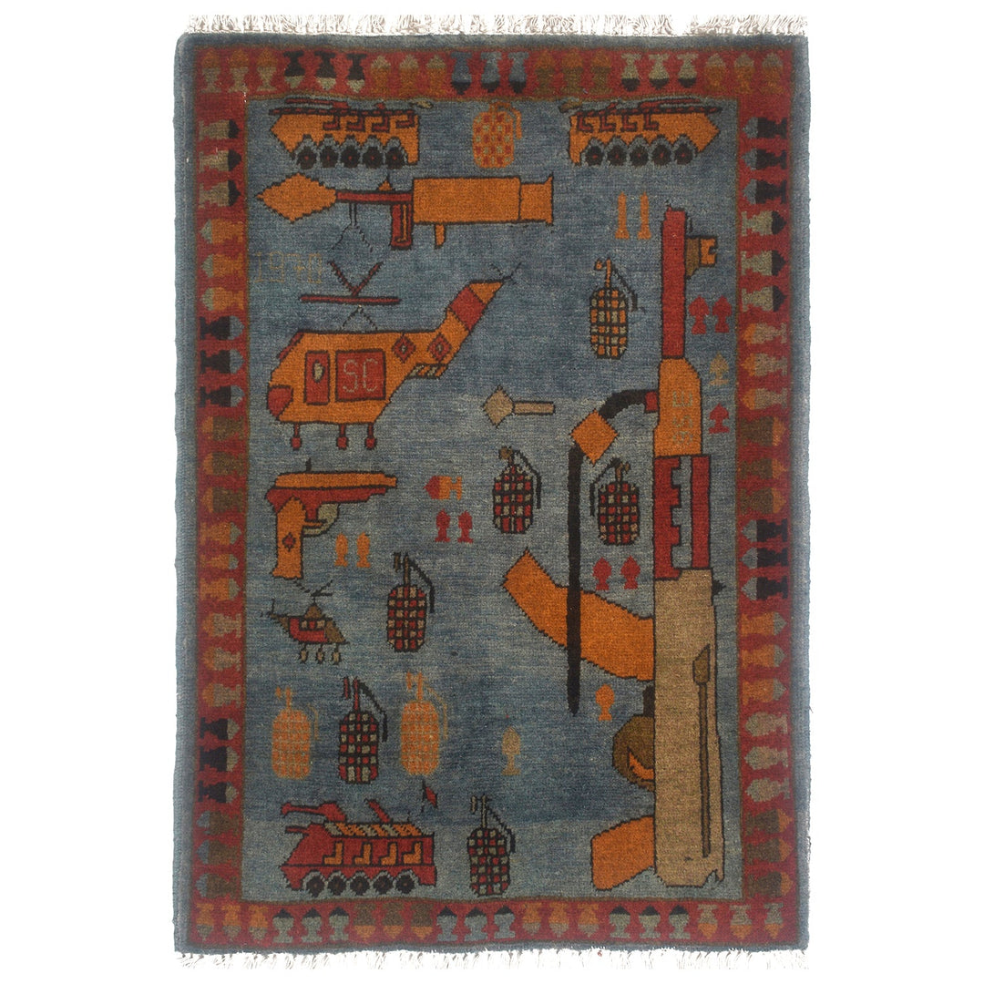 Blue Afghan War Rug 2' x 2'8" Hand-Knotted