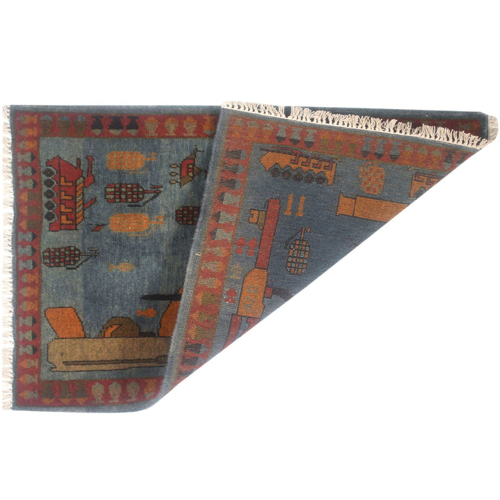Blue Afghan War Rug 2' x 2'8" Hand-Knotted detail