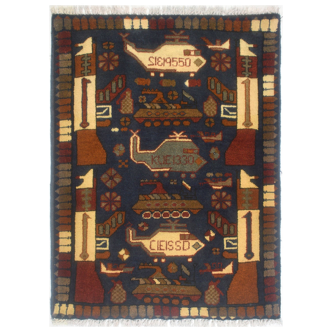 Blue Afghan War Rug 2'1" x 2'7" Hand-Knotted