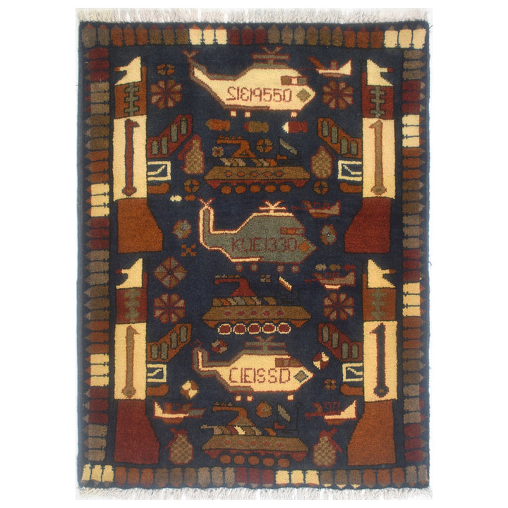 Blue Afghan War Rug 2'1" x 2'7" Hand-Knotted