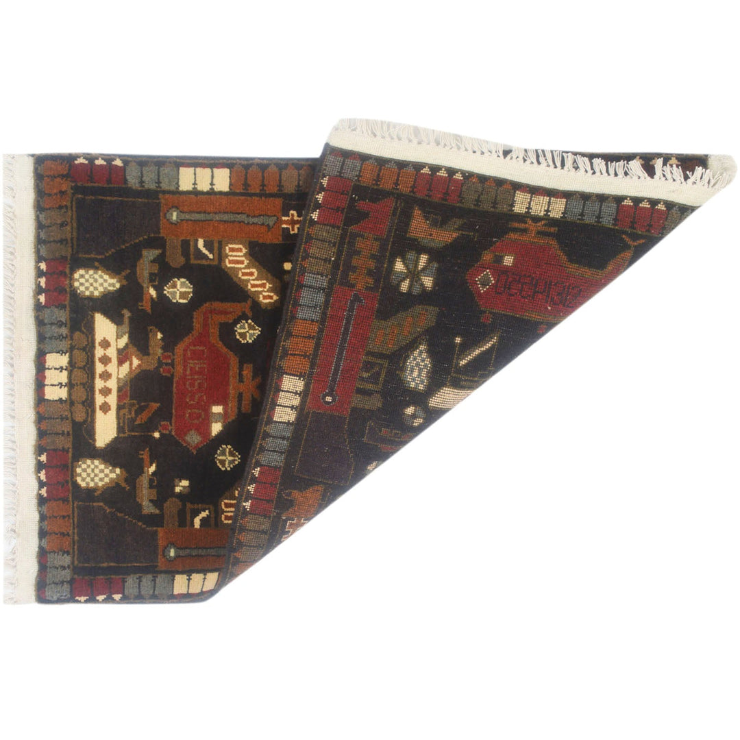 Black Afghan Tribal Rug 2' x 2'9" Hand-Knotted detail