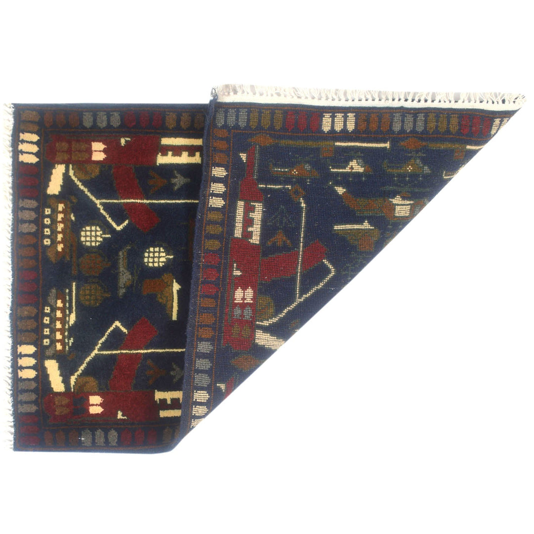 Blue Afghan Tribal Rug 1'9" x 2'8" Hand-Knotted detail