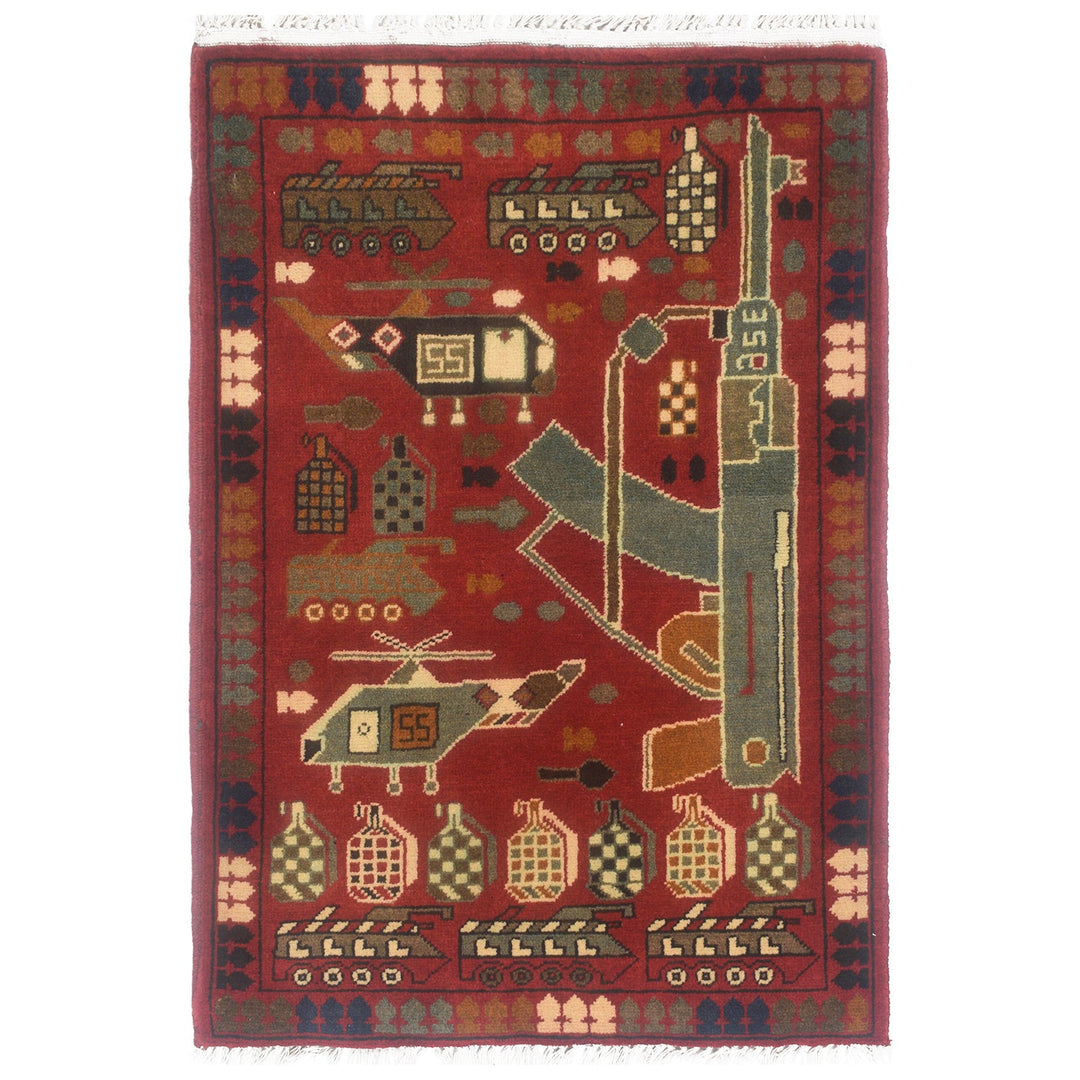 Red Afghan War Rug 2' x 2'8" Hand-Knotted