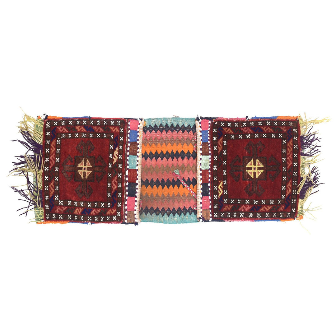 Red Afghan Saddle Bag Rug 1' x 2'6" Hand-Knotted