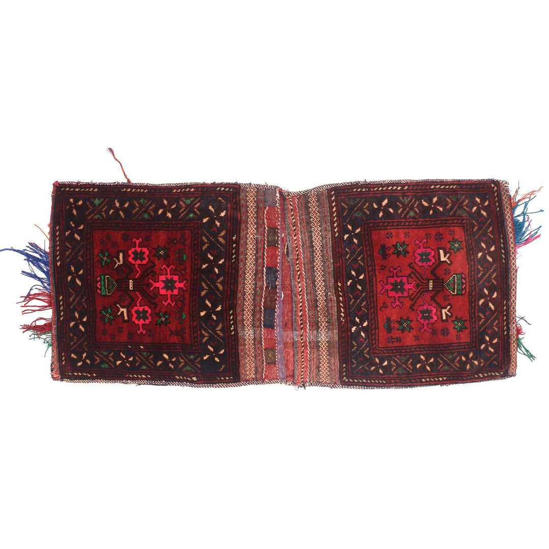 Red Afghan Saddle Bag Rug 1'6" x 3'6" Hand-Knotted