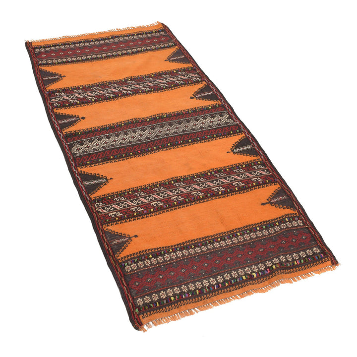 Orange Afghan Kilim Rug 2' x 4'2" Flat-Weave close-up